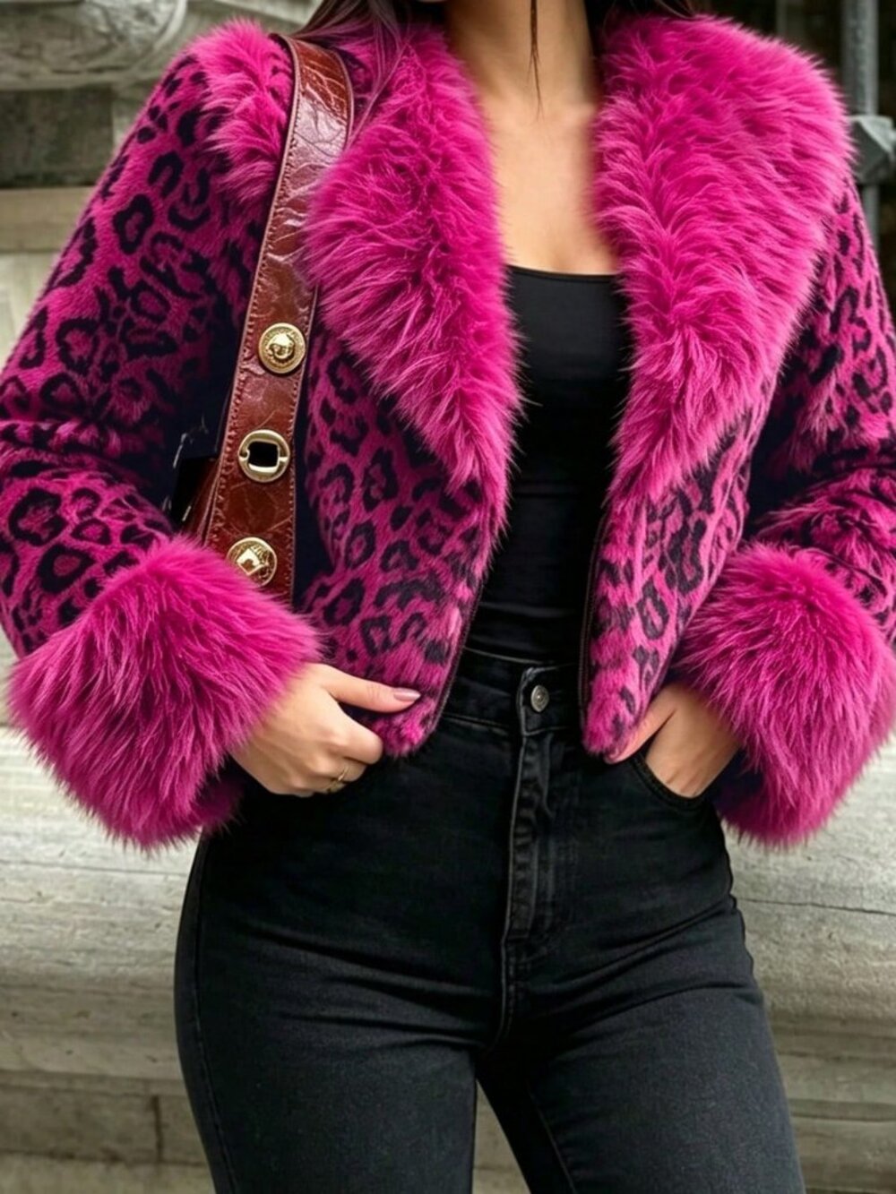 Hot Pink Preppy Women's Leopard Print Faux Fur Crop Jacket